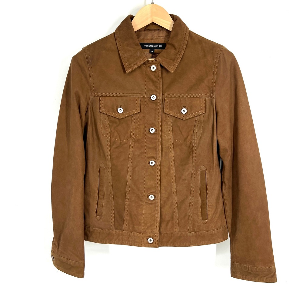 Wilsons Leather Brown Genuine Suede Leather Trucker Jacket WWBM2334 Womens M